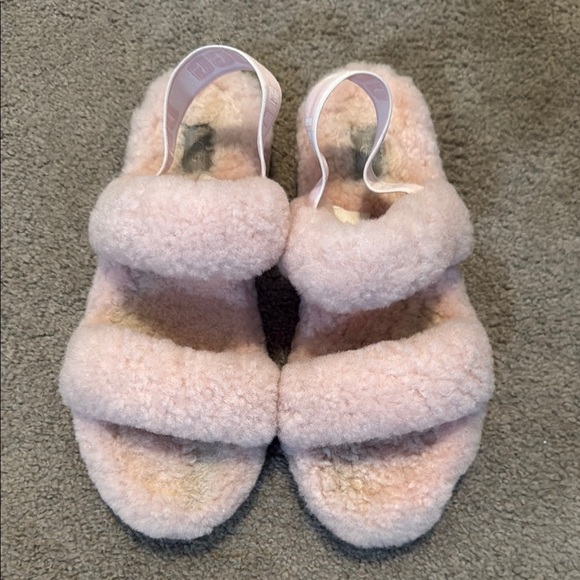 UGG Pink Plush Slippers with Double Strap Design - Picture 1 of 6